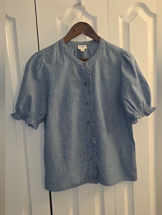 J. Crew Tops - J. Crew Factory Chambray Puff-sleeve Ruffle Top Womens Size S